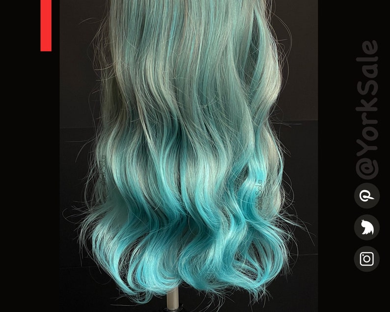 Long Wavy Blue Green Synthetic Wig with Dark Roots and Bangs for Black & White Women Natural Look Hair Heat Resistant image 2