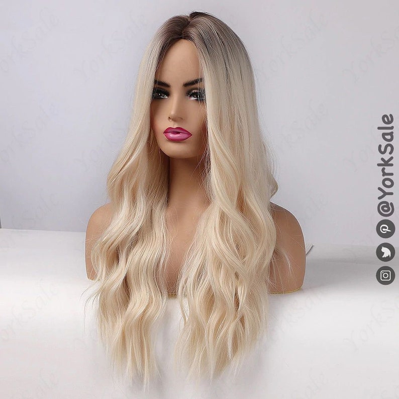 Light Blonde Platinum Dark Root Synthetic Wig for Black & White Women Natural Look Hair Wig Heat Resistant Long Wavy Layered Ombre image 5