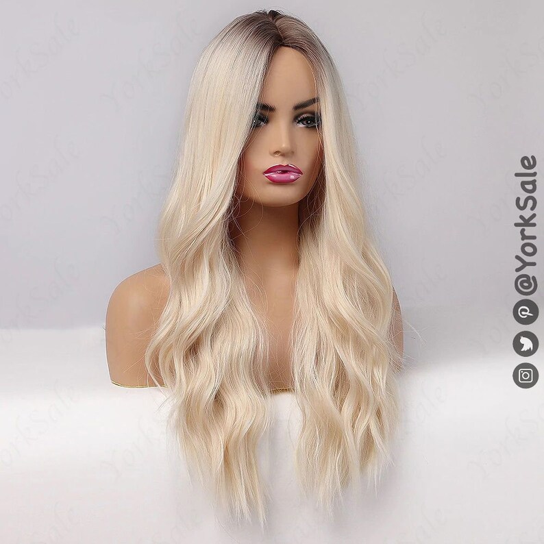 Light Blonde Platinum Dark Root Synthetic Wig for Black & White Women Natural Look Hair Wig Heat Resistant Long Wavy Layered Ombre image 4