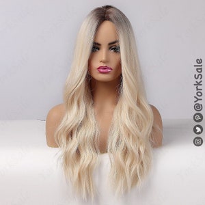 Light Blonde Platinum Dark Root Synthetic Wig for Black & White Women Natural Look Hair Wig Heat Resistant Long Wavy Layered Ombre image 3