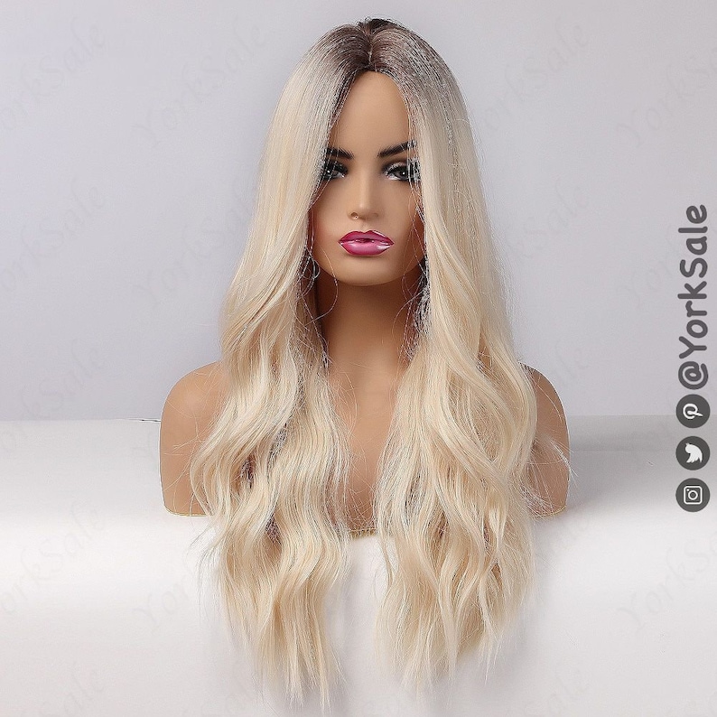 Light Blonde Platinum Dark Root Synthetic Wig for Black & White Women Natural Look Hair Wig Heat Resistant Long Wavy Layered Ombre image 3