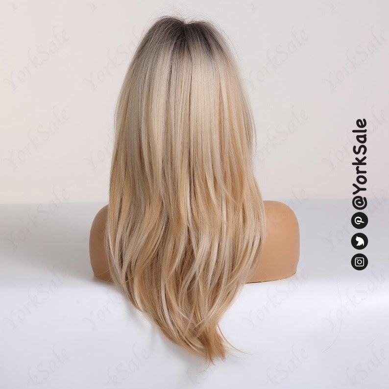 Dark Rooted Blonde Ombre Synthetic Wig with Bangs for Black & White Women, Natural Look Hair No Lace Front Long Length Wig, Heat Resistant image 2