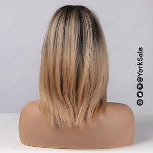 Dirty Blonde Dark Rooted Ombre Synthetic Wig with Bangs for Black & White Women, Medium Length Layered Natural Look Hair, Heat Resistant Wig image 3