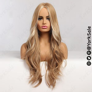 Longue blonde ondulée avec perruque synthétique Highlights pour femme noir et blanc de cheveux daspect naturel résistant à la chaleur en couches Ombre légère image 3