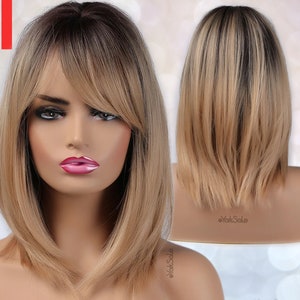 Dirty Blonde Dark Rooted Ombre Synthetic Wig with Bangs for Black & White Women, Medium Length Layered Natural Look Hair, Heat Resistant Wig image 1