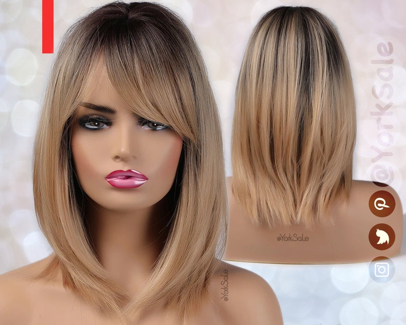 Dirty Blonde Dark Rooted Ombre Synthetic Wig with Bangs for Black & White Women, Medium Length Layered Natural Look Hair, Heat Resistant Wig image 1