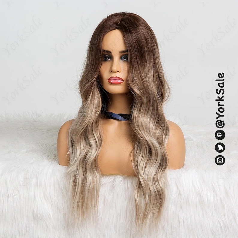 Perruque synthétique Dark Rooted Ash Blonde Ombre Water Wave pour femme noir et blanc Cheveux daspect naturel, résistant à la chaleur à longues couches Racine sombre image 4