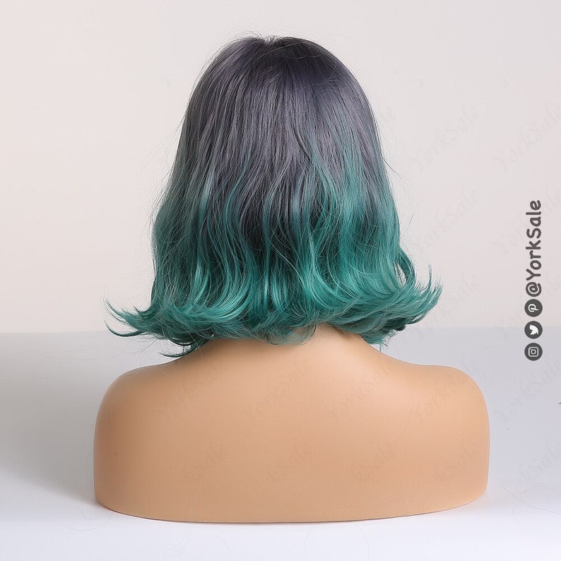 Purple Green Turquoise Bob Cut Wavy Short Synthetic Wig, Natural Looking Hair No Lace Front Short Wig With Bangs, Water Wavy, Heat Resistant image 2