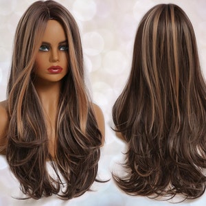 Dark Brown Honey Highlight Wavy Synthetic Wig for Black & White Women | Natural Look Hair Wig | Heat Resistant | Long Wavy | Layered Ombre