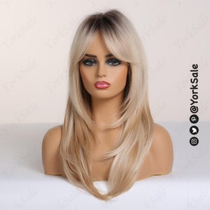 Dark Rooted Blonde Ombre Synthetic Wig with Bangs for Black & White Women, Natural Look Hair No Lace Front Long Length Wig, Heat Resistant image 4