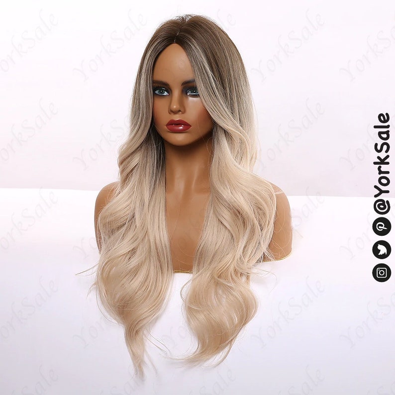 Face Balayage Brown to Blonde Long Synthetic Wig Natural Looking Hair No Lace Front Long Wig Water Wavy Heat Resistant image 3