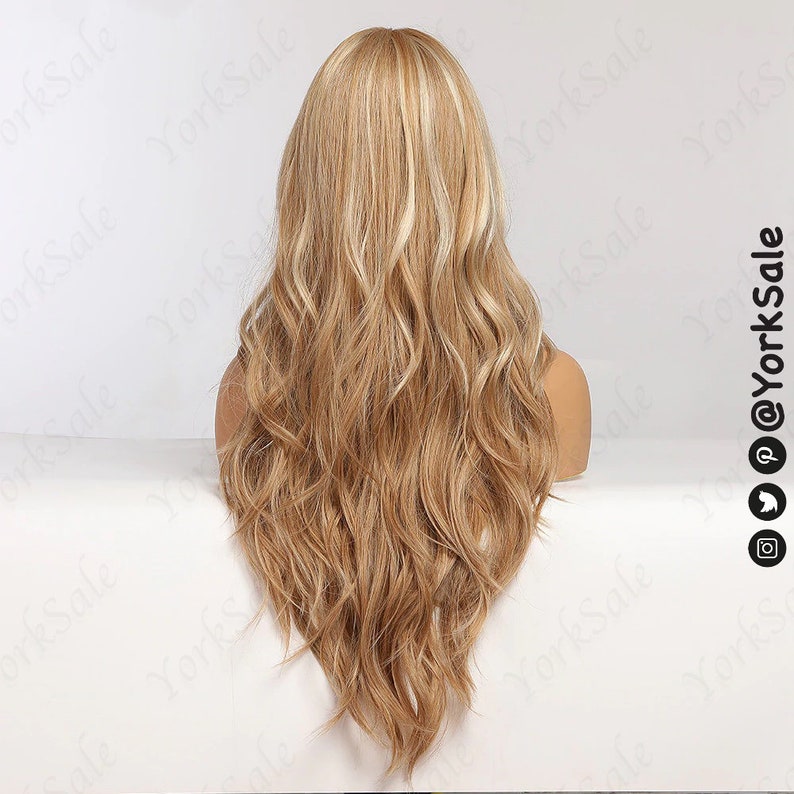 Long Wavy Blonde with Highlights Synthetic Wig for Black & White Women Natural Look Hair Heat Resistant Layered Light Ombre image 2