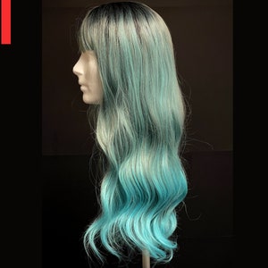 Long Wavy Blue Green Synthetic Wig with Dark Roots and Bangs for Black & White Women Natural Look Hair Heat Resistant image 3