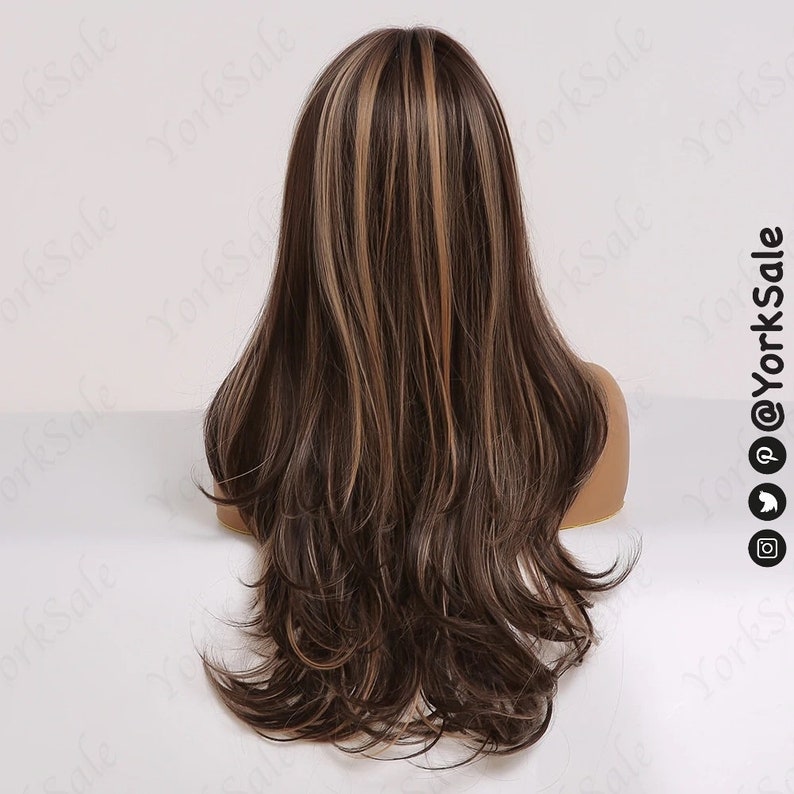 Dark Brown Honey Highlight Wavy Synthetic Wig for Black & White Women Natural Look Hair Wig Heat Resistant Long Wavy Layered Ombre image 2