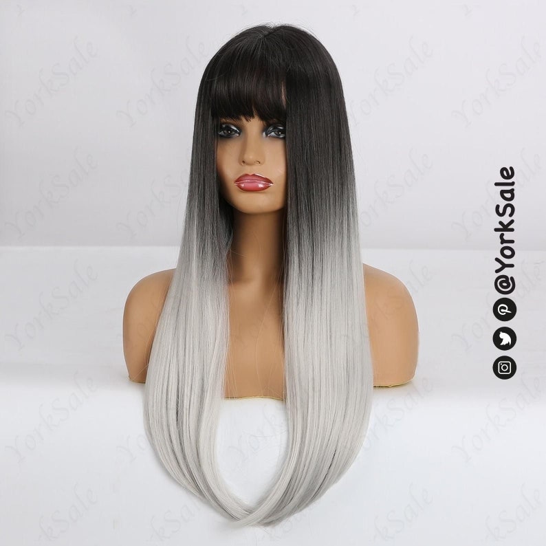 Black to Silver Straight Wig for Black & White Women Natural Look Hair Long Dark Roots Bangs Synthetic Wigs Long Straight Heat Resistant image 4