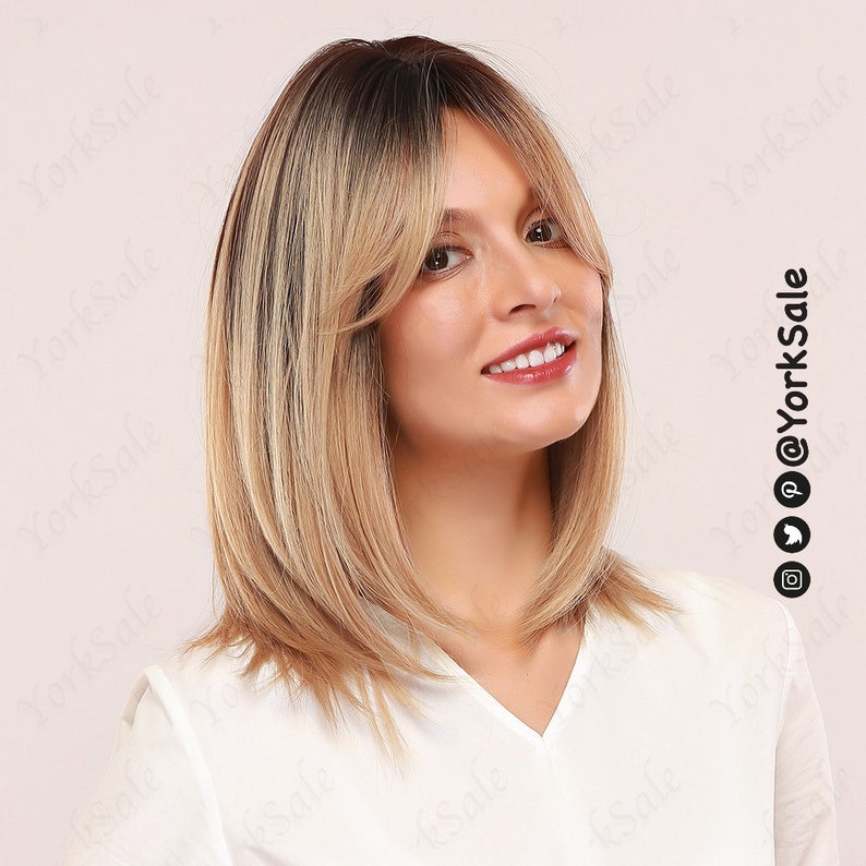 Dirty Blonde Dark Rooted Ombre Synthetic Wig with Bangs for Black & White Women, Medium Length Layered Natural Look Hair, Heat Resistant Wig image 2