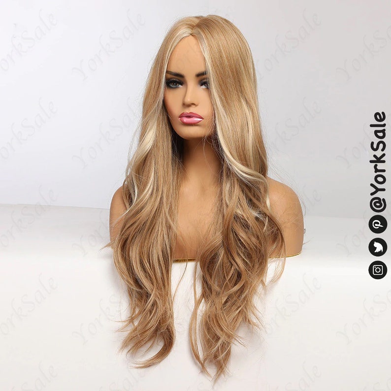 Longue blonde ondulée avec perruque synthétique Highlights pour femme noir et blanc de cheveux daspect naturel résistant à la chaleur en couches Ombre légère image 5