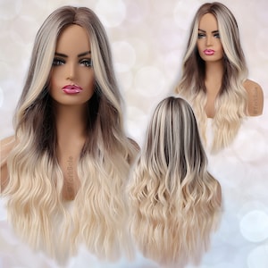 Balayage du visage Long Brown to Blonde Perruque Synthétique Cheveux dapparence naturelle Sans dentelle Avant Longue Perruque ondulée à leau Résistant à la chaleur image 1