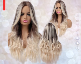 Face Balayage Long Brown to Blonde Synthetic Wig | Natural Looking Hair No Lace Front Long Wig | Water Wavy | Heat Resistant