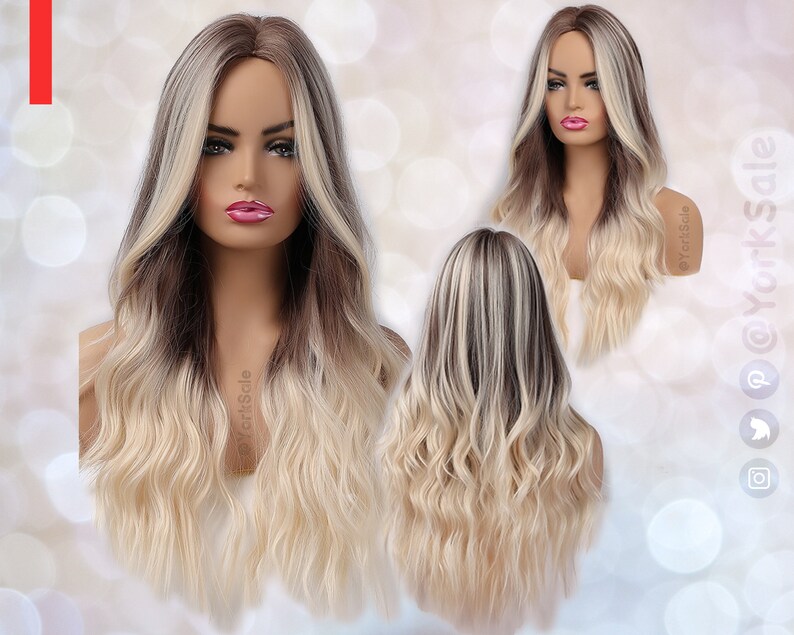 Face Balayage Long Brown to Blonde Synthetic Wig Natural Looking Hair No Lace Front Long Wig Water Wavy Heat Resistant image 1