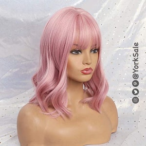 Pink Bob Cut Short Synthetic Wig Natural Looking Hair No Lace Front Short Wig With Bangs Water Wavy Heat Resistant image 2