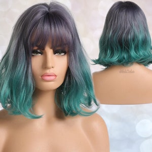 Purple Green Turquoise Bob Cut Wavy Short Synthetic Wig, Natural Looking Hair No Lace Front Short Wig With Bangs, Water Wavy, Heat Resistant