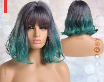 Purple Green Turquoise Bob Cut Wavy Short Synthetic Wig, Natural Looking Hair No Lace Front Short Wig With Bangs, Water Wavy, Heat Resistant