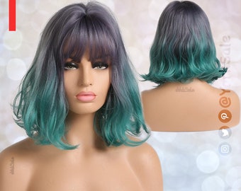 Fioletowo-zielono-turkusowa Bob Cut Falowana krótka syntetyczna peruka, naturalnie wyglądające włosy bez koronki z przodu krótka peruka z grzywką, falowana woda, odporna na ciepło