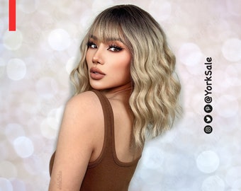 Wavy Short Blonde Bob with Dark Roots Synthetic Wig with Bangs for Black & White Women | Natural Look Hair | Heat Resistant | Short Length