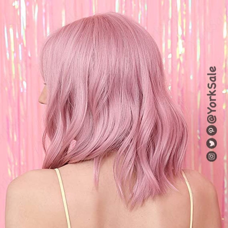Pink Bob Cut Short Synthetic Wig Natural Looking Hair No Lace Front Short Wig With Bangs Water Wavy Heat Resistant image 4