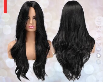 Long Black Synthetic Wig Natural Looking Hair No Lace Front - Etsy Long Black Synthetic Wig Natural Looking Hair No Lace Front - Etsy