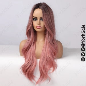 Perruque synthétique foncée rose ombre pour femmes noires et blanches, cheveux daspect naturel sans dentelle avant longue perruque résistante à la chaleur, longue couche ondulée ombre image 5