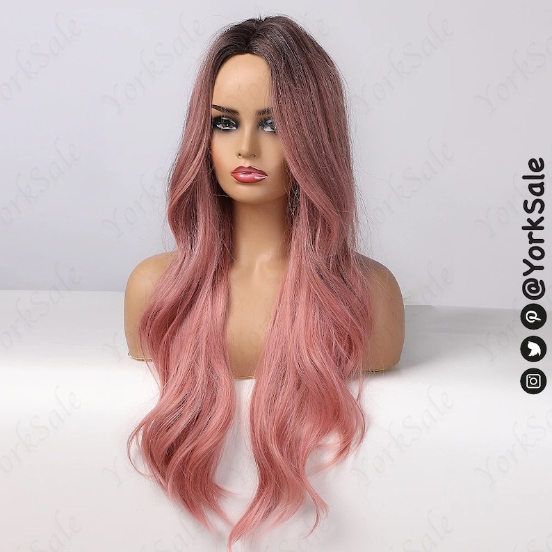 Dark Root Pink Ombre Synthetic Wig for Black & White Women, Natural Look Hair No Lace Front Long Wig Heat Resistant, Long Wavy Layered Ombre image 5