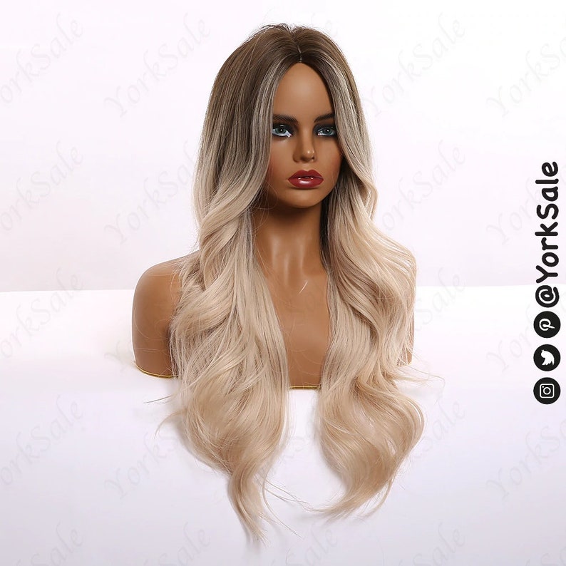 Face Balayage Brown to Blonde Long Synthetic Wig Natural Looking Hair No Lace Front Long Wig Water Wavy Heat Resistant image 4