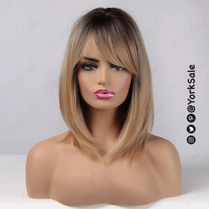 Dirty Blonde Dark Rooted Ombre Synthetic Wig with Bangs for Black & White Women, Medium Length Layered Natural Look Hair, Heat Resistant Wig image 4