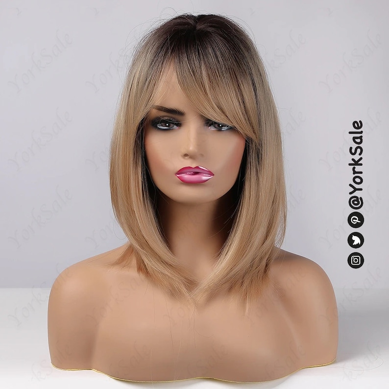 Dirty Blonde Dark Rooted Ombre Synthetic Wig with Bangs for Black & White Women, Medium Length Layered Natural Look Hair, Heat Resistant Wig image 4