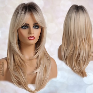 Dark Rooted Blonde Ombre Synthetic Wig with Bangs for Black & White Women, Natural Look Hair No Lace Front Long Length Wig, Heat Resistant image 1