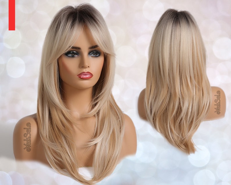 Dark Rooted Blonde Ombre Synthetic Wig with Bangs for Black & White Women, Natural Look Hair No Lace Front Long Length Wig, Heat Resistant image 1