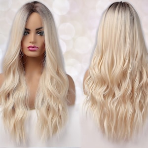 Light Blonde Platinum Dark Root Synthetic Wig for Black & White Women | Natural Look Hair Wig | Heat Resistant | Long Wavy | Layered | Ombre