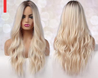 Light Blonde Platinum Dark Root Synthetic Wig for Black & White Women | Natural Look Hair Wig | Heat Resistant | Long Wavy | Layered | Ombre