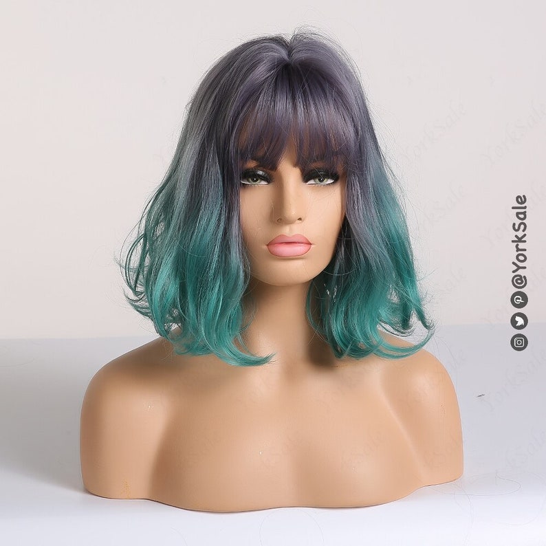 Purple Green Turquoise Bob Cut Wavy Short Synthetic Wig, Natural Looking Hair No Lace Front Short Wig With Bangs, Water Wavy, Heat Resistant image 3