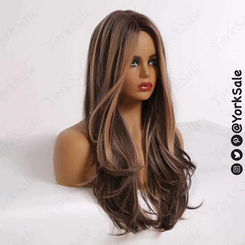 Dark Brown Honey Highlight Wavy Synthetic Wig for Black & White Women Natural Look Hair Wig Heat Resistant Long Wavy Layered Ombre image 3