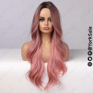 Perruque synthétique foncée rose ombre pour femmes noires et blanches, cheveux daspect naturel sans dentelle avant longue perruque résistante à la chaleur, longue couche ondulée ombre image 3