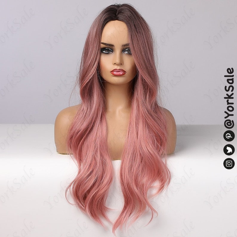 Dark Root Pink Ombre Synthetic Wig for Black & White Women, Natural Look Hair No Lace Front Long Wig Heat Resistant, Long Wavy Layered Ombre image 3