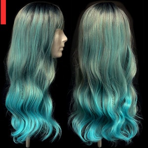 Long Wavy Blue Green Synthetic Wig with Dark Roots and Bangs for Black & White Women Natural Look Hair Heat Resistant image 1