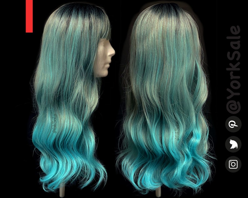 Long Wavy Blue Green Synthetic Wig with Dark Roots and Bangs for Black & White Women Natural Look Hair Heat Resistant image 1