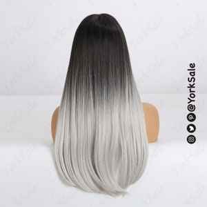 Black to Silver Straight Wig for Black & White Women Natural Look Hair Long Dark Roots Bangs Synthetic Wigs Long Straight Heat Resistant image 2