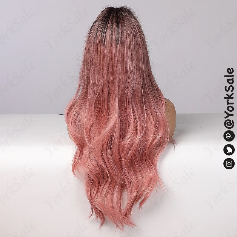 Peluca sintética Ombre de raíz oscura rosa para mujeres en blanco y negro, cabello de aspecto natural sin encaje frente peluca larga resistente al calor, ombre de capa ondulada larga imagen 2