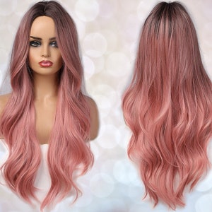 Dark Root Pink Ombre Synthetic Wig for Black & White Women, Natural Look Hair No Lace Front Long Wig Heat Resistant, Long Wavy Layered Ombre image 1