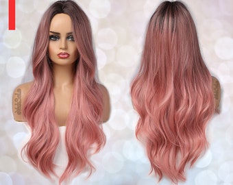 Peruka syntetyczna Dark Root Pink Ombre dla czarno-białych kobiet, naturalny wygląd włosów bez koronki z przodu, długa peruka odporna na ciepło, długa falowana warstwowa ombre